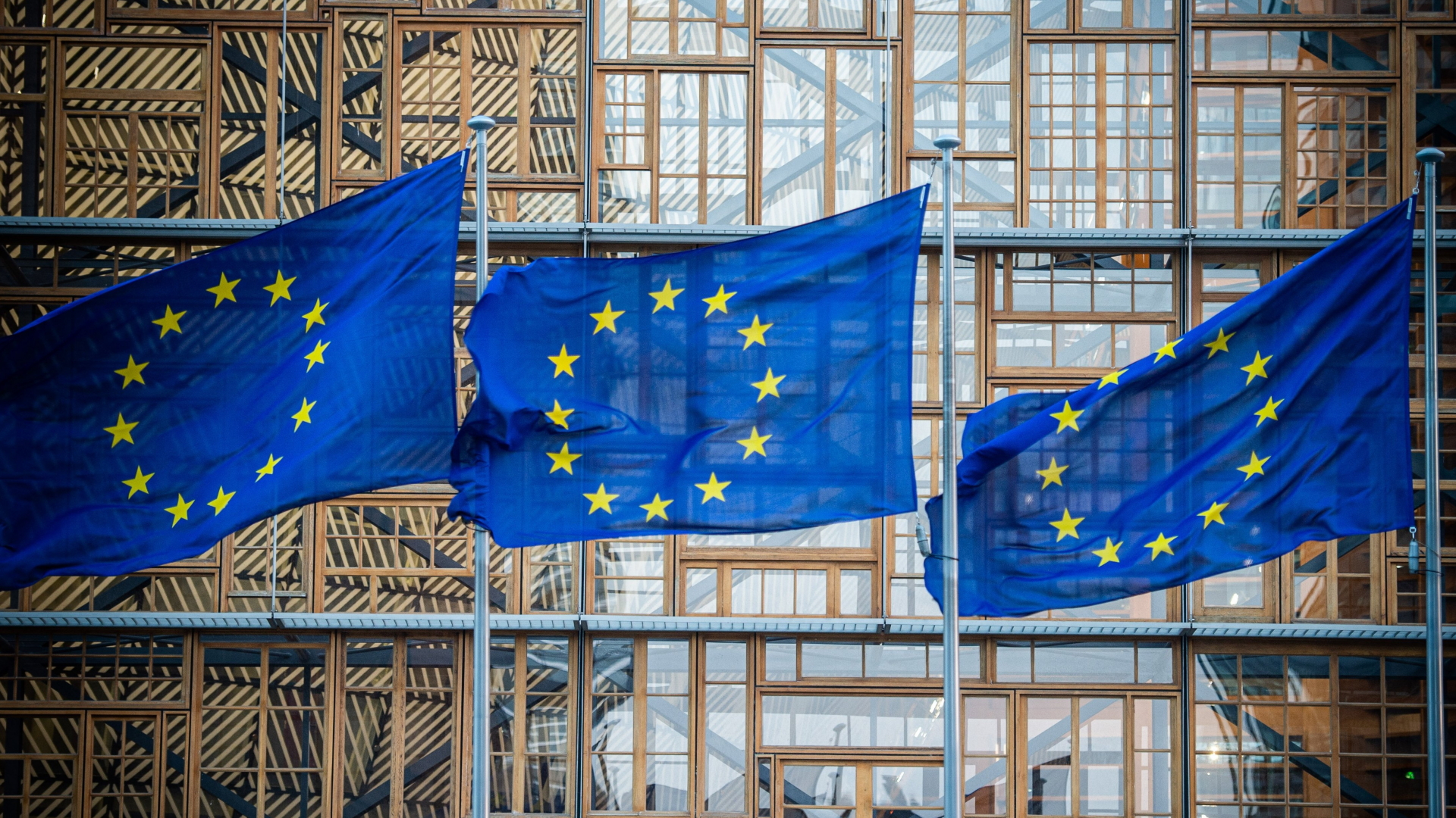Flaggen der Europäischen Union wehen vor dem Europa-Gebäude in Brüssel. | Bildquelle: dpa