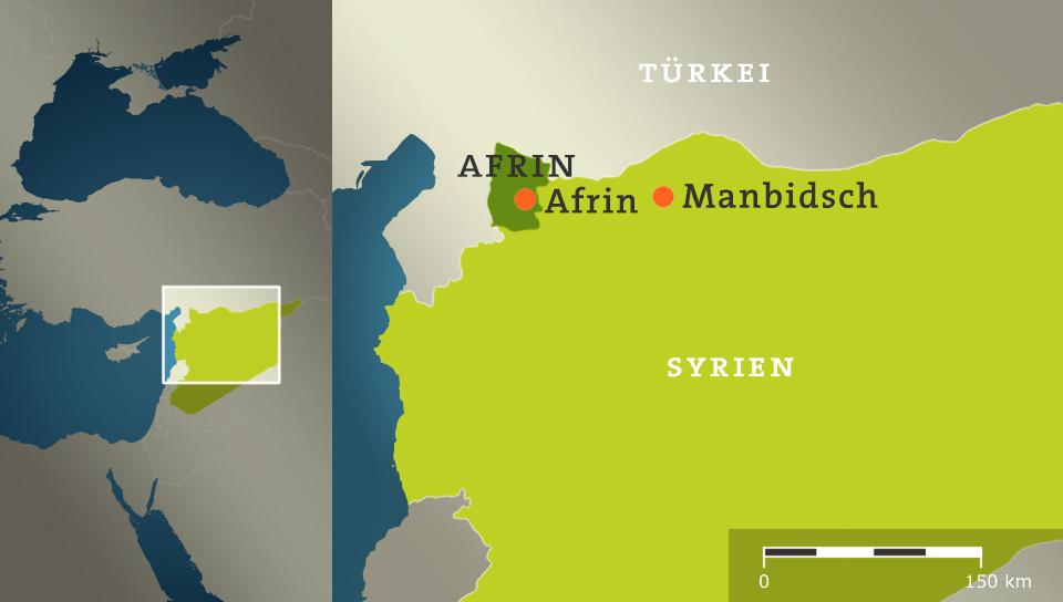 Karte: Syrien mit der Region und der Stadt Afrin und der Stadt Manbidsch 