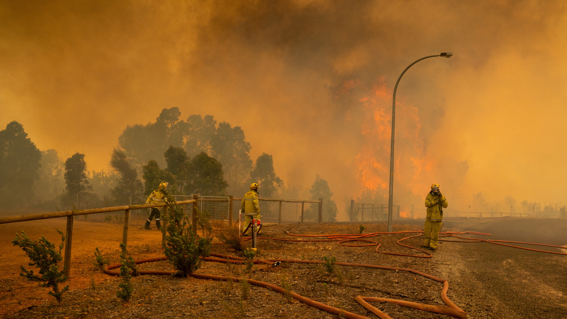 Einsatzkräfte der Feuerwehr bei der Bekämpfung eines Buschfeuers in einem der Vororte von Perth. | dpa