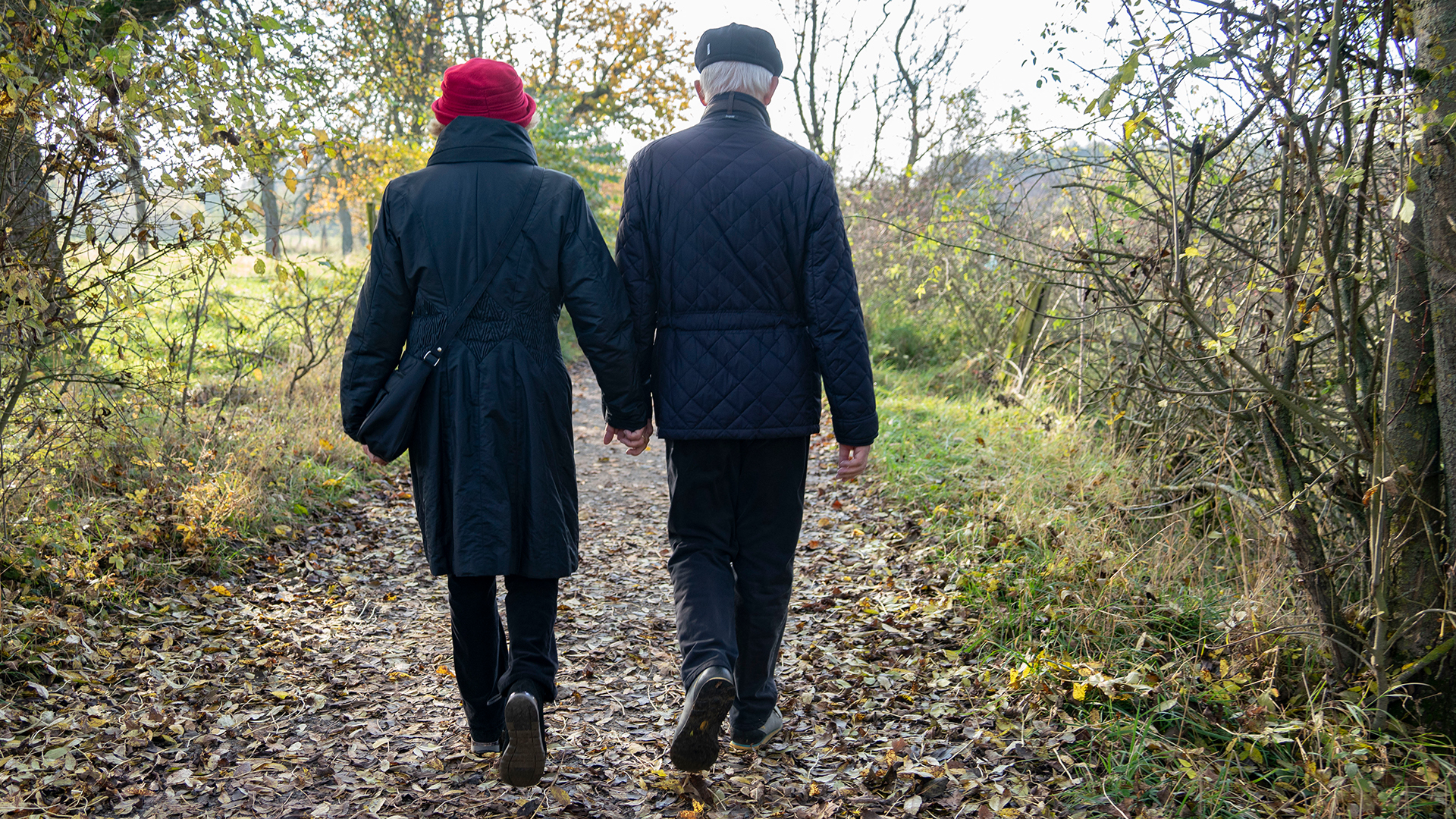 Ein älteres Paar geht Hand in Hand auf einem von Herbstblättern bedeckten Weg.