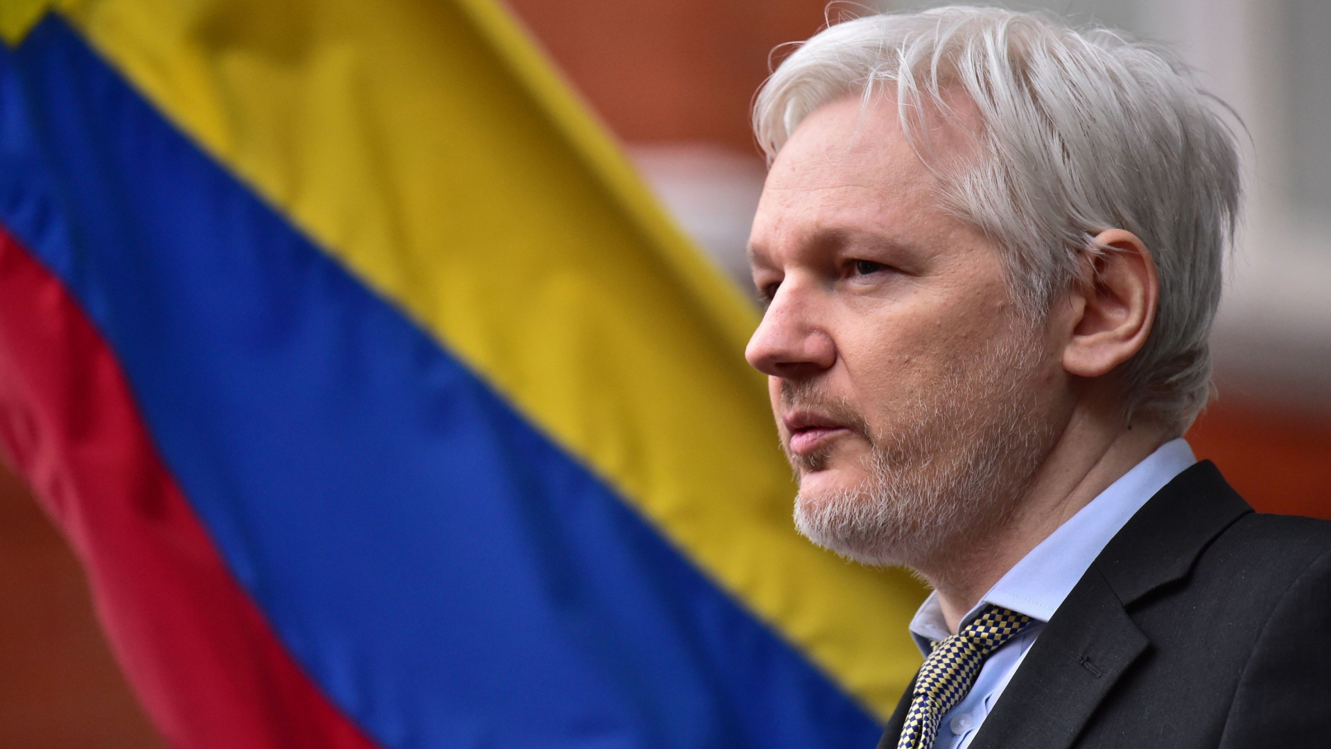Julian Assange vor der Flagge Ecuadors | dpa