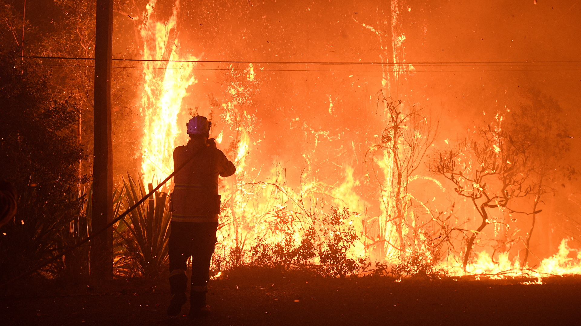 Ein Feuerwehrmann der New South Wales Feuerwehrbehörde versucht Häuser an der Waratah Road und der Kelyknack Road vor dem Feuer zu schützen.  | dpa