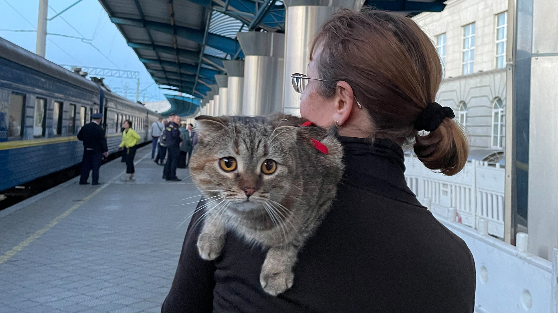 Ärztin Natalja aus Liman mit Katze Mila am Bahnhof Dnipro | Andrea Beer