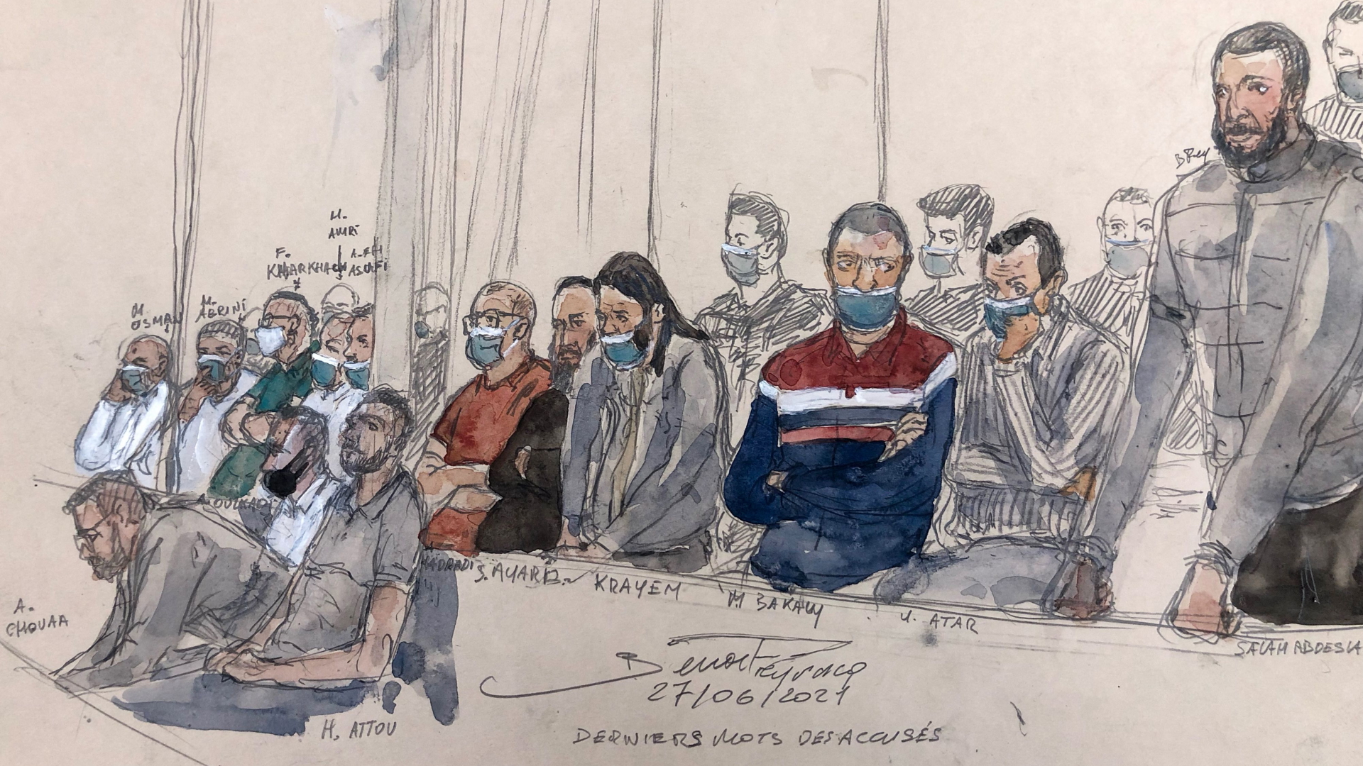 Gerichtszeichung des Prozesses in Paris