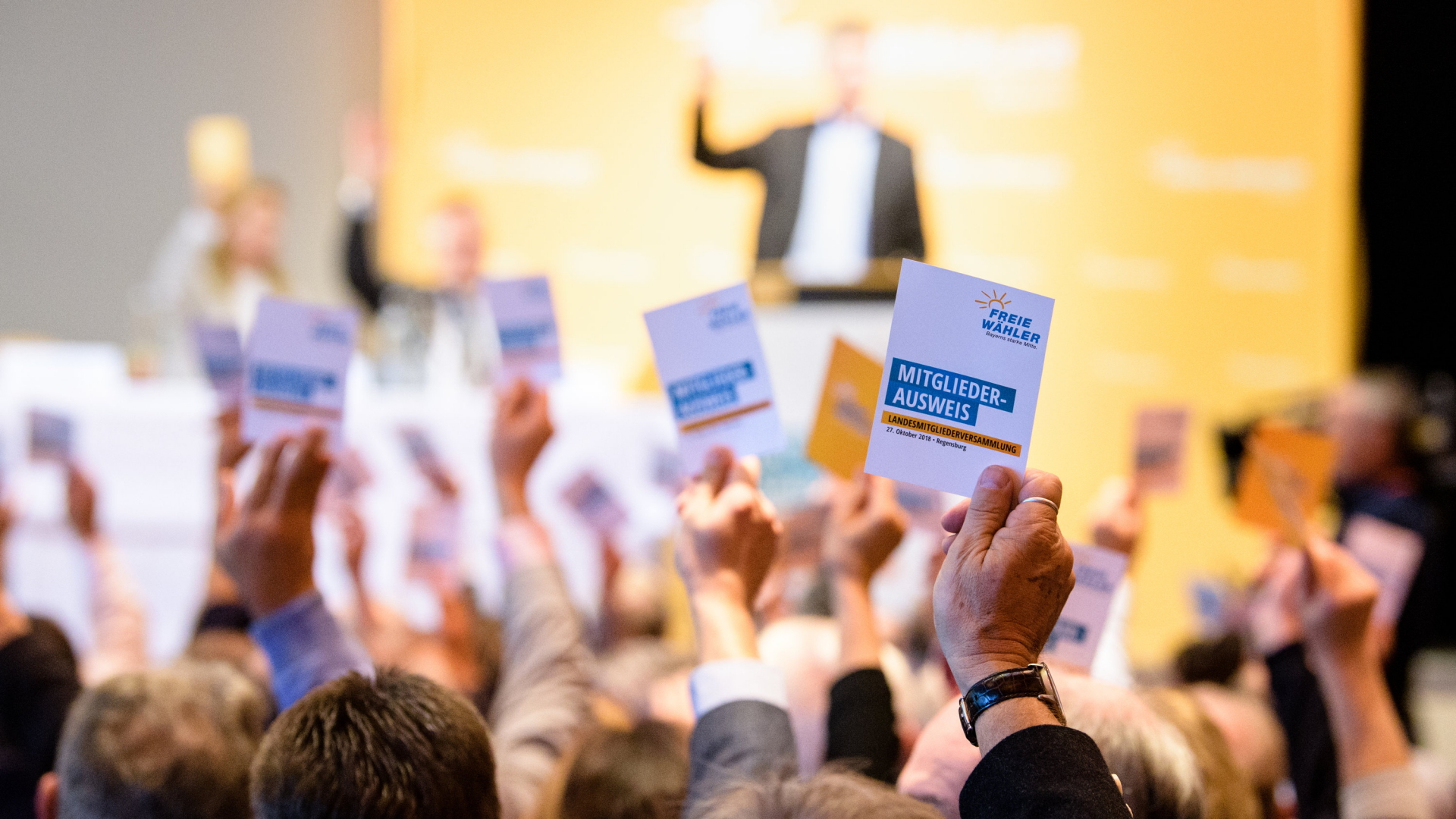 Auf einer Versammlung der Freien Wähler in Bayern halten Teilnehmer ihren Mitgliedsausweis in die Höhe. | Bildquelle: dpa