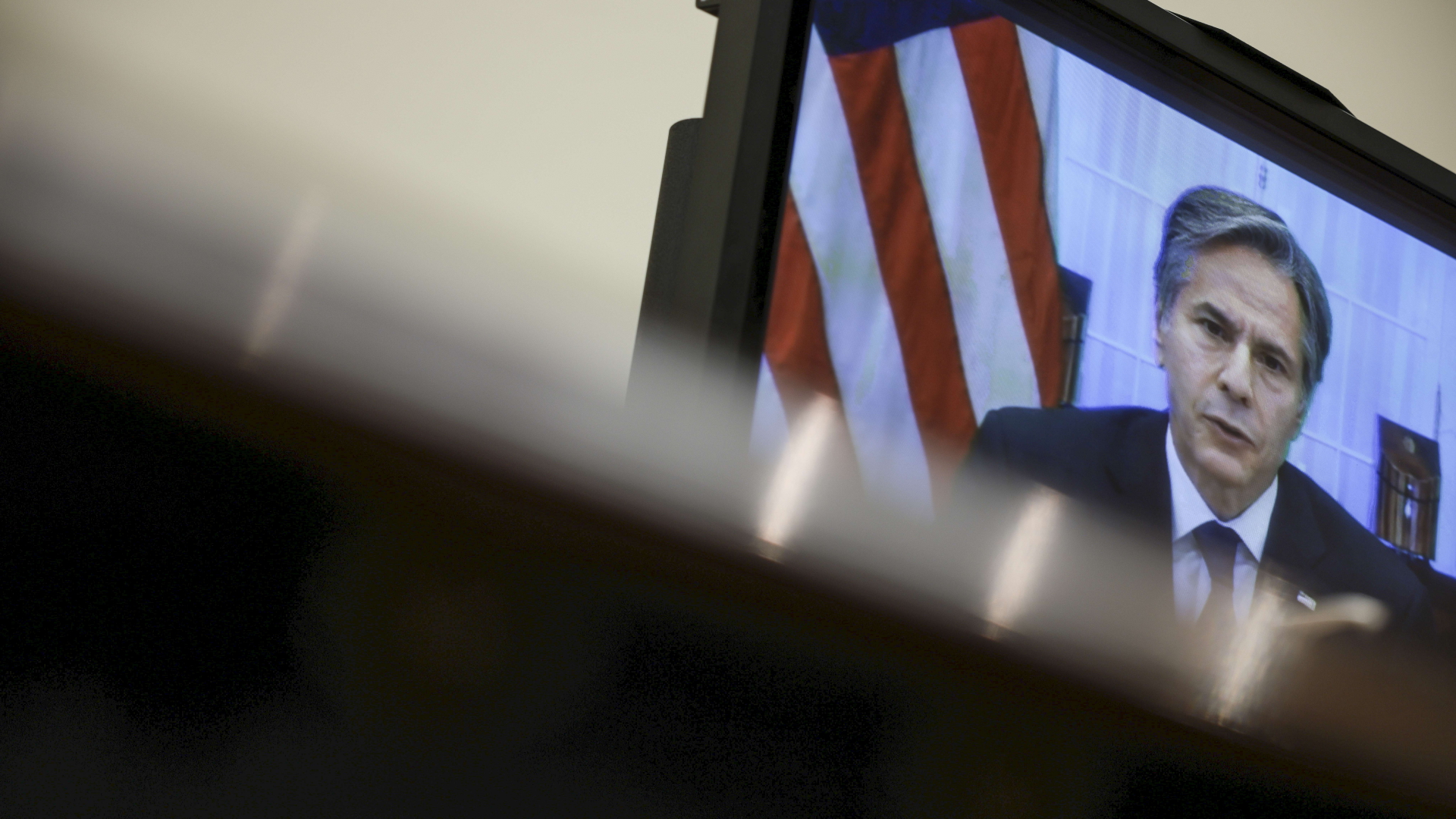 US-Außenminister wird bei einer Anhörung im US-Kongress per Video zugeschaltet. | AFP