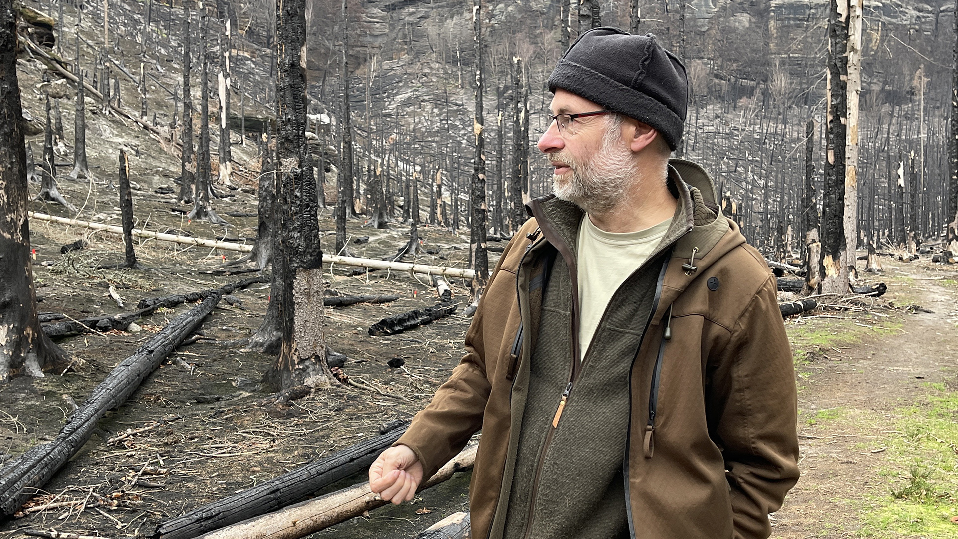 Thomas Salov steht vor dem verbrannten Wald. | Danko Handrick, MDR