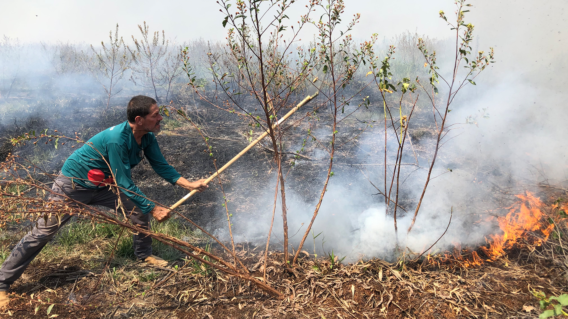 Ein Mann erstickt Flammen mithilfe einer Holzstange, an deren Ende eine feuerfeste Gummimatte befestigt ist. | Matthias Ebert