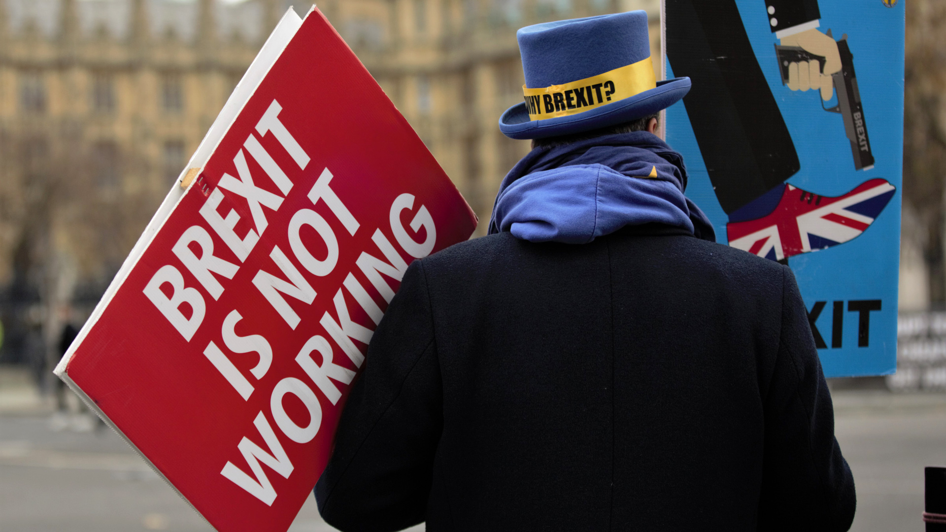 Ein Brexit-Gegner hält ein Plakat mit der Aufschrift "Brexit don't work" | dpa