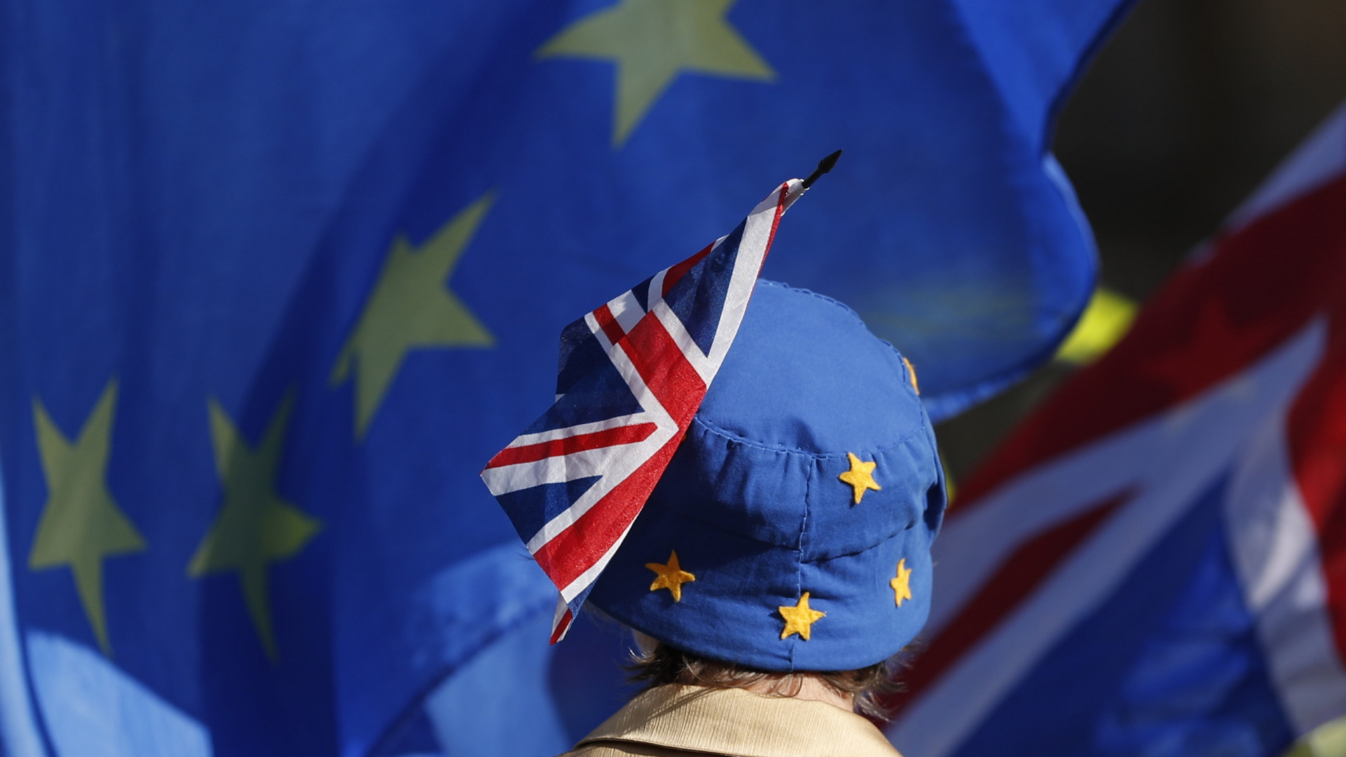 Ein Pro-EU-Demonstrant trägt vor dem britischen Parlament eine EU-Mütze | Bildquelle: dpa