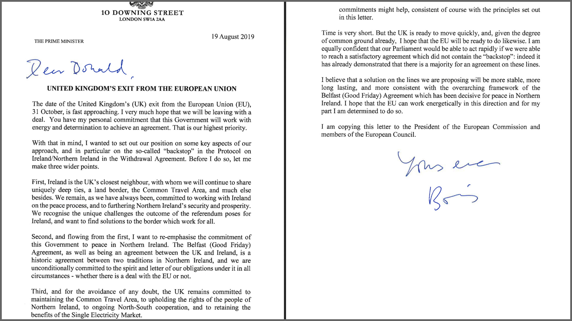Eine von der Downing Street veröffentlichte Kopie des Briefs von Johnson an Tusk. | AFP