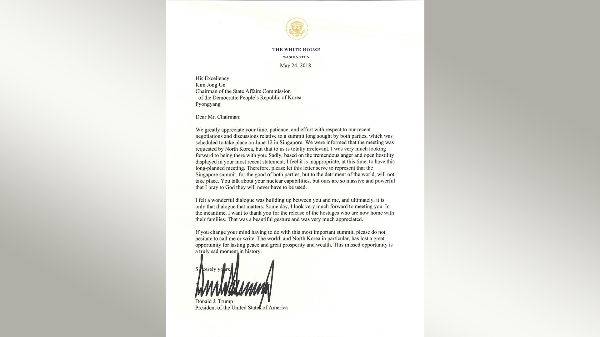 Brief des US-Präsidenten an Kim Jong Un | WHITE HOUSE HANDOUT/EPA-EFE/REX/