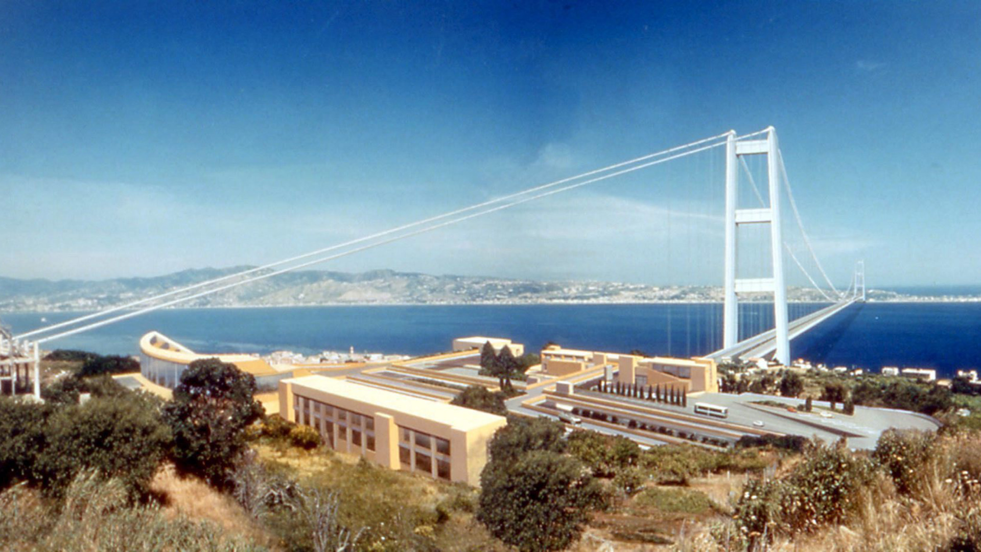 Computersimulation einer 2005 geplanten Brücke, die Kalabrien und Sizilien über die Straße von Messina verbinden soll. (Archivbild vom 12.10.2005) | picture-alliance/ dpa/dpaweb