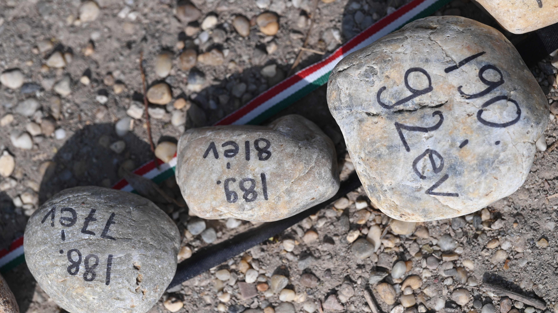 Kieselsteine liegen in Budapest aneinandergereiht. Jeder Stein trägt das Alter eines im Zusammenhang mit dem Coronavirus Verstorbenen. | AFP