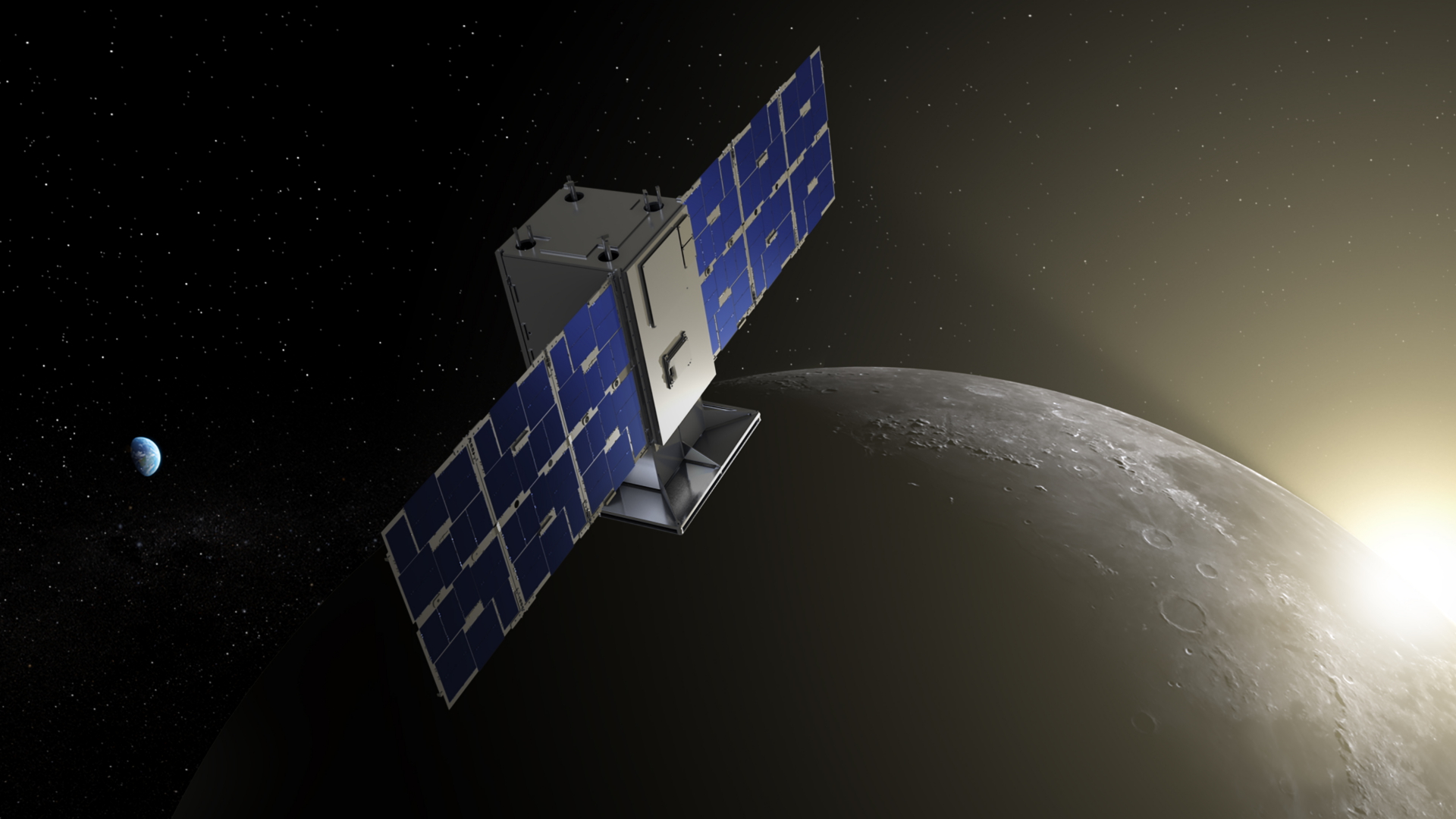 Die Illustration zeigt den Satelliten "Capstone" mit dem Mond im Hintergrund. | dpa
