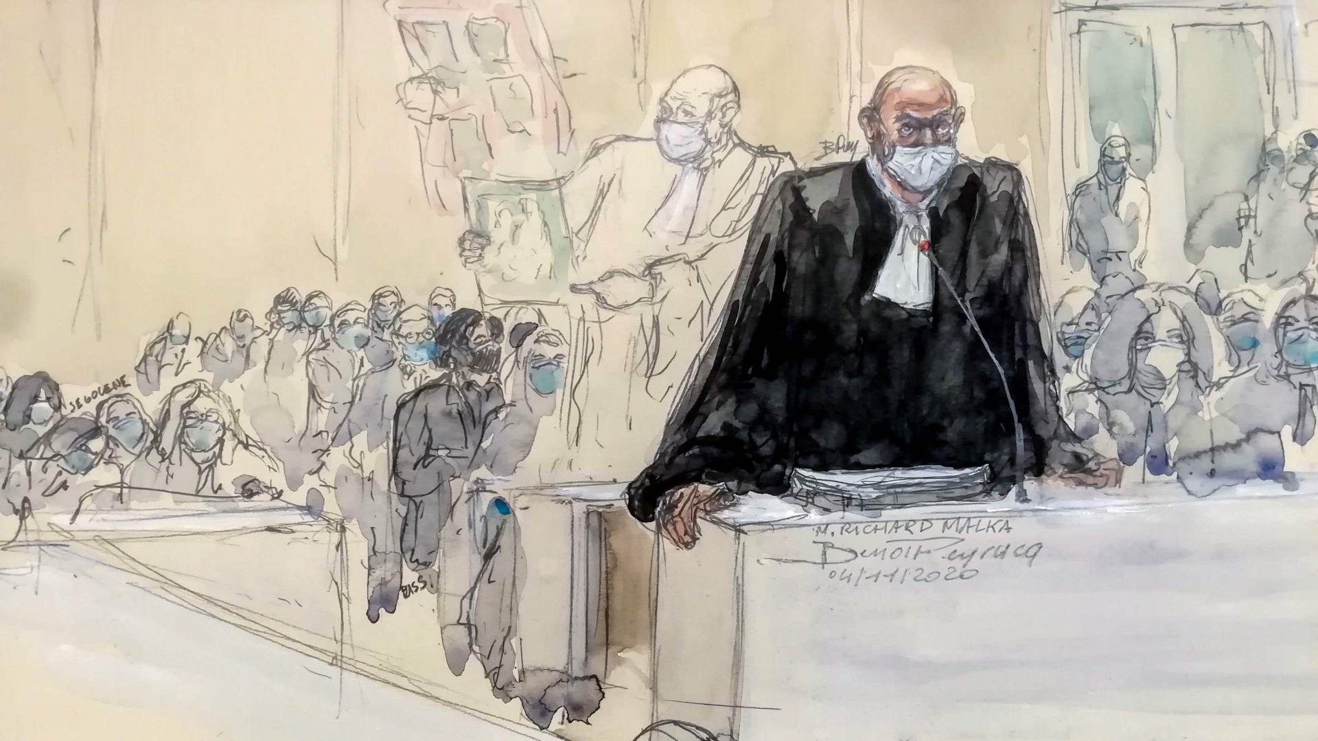 Eine Gerichtszeichnung zeigt den Anwalt von Charlie Hebdo. | AFP