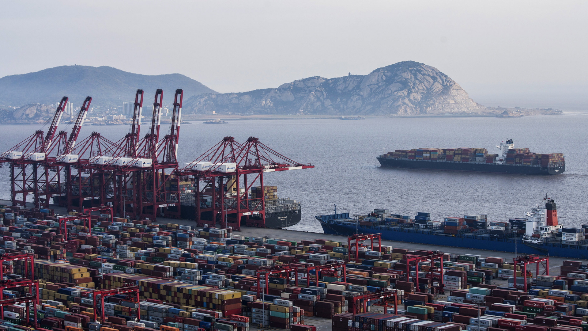 Blick auf den Containerhafen in Shanghai. | dpa