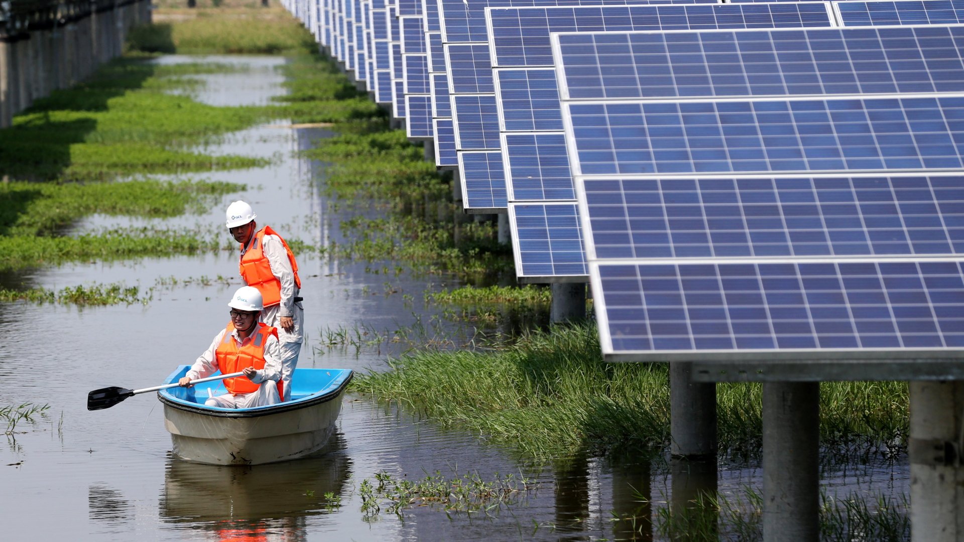 Angestellte einer Photovoltaic-Firma in der chinesischen Stadt Jingzhou überprüfen Solarpanele. | REUTERS