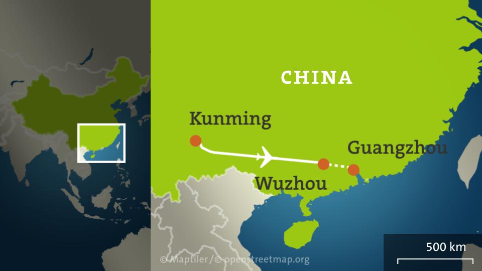 Karte von China mit den Städten Kunming, Wuzhou, Guangzhou