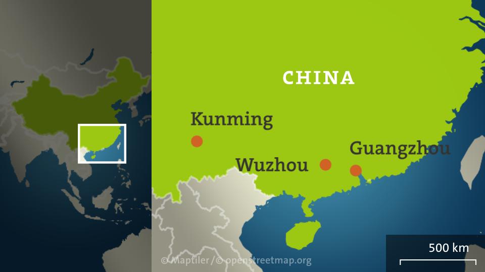 Karte von China mit den Städten Kunming, Wuzhou, Guangzhou