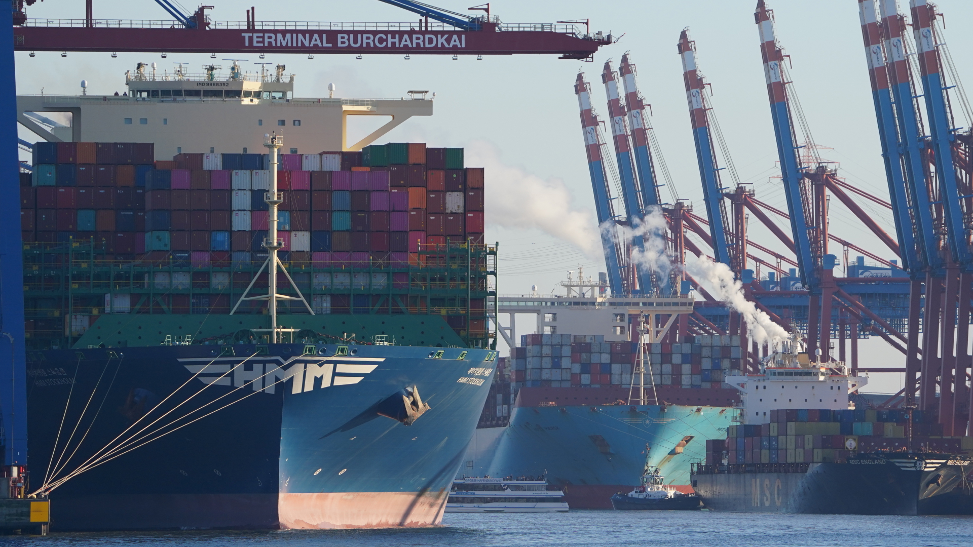 Containerschiffe werden am Burchardkai (links) und am Eurogate Container Terminal (hinten rechts) im Hamburger Hafen be- und entladen. | dpa