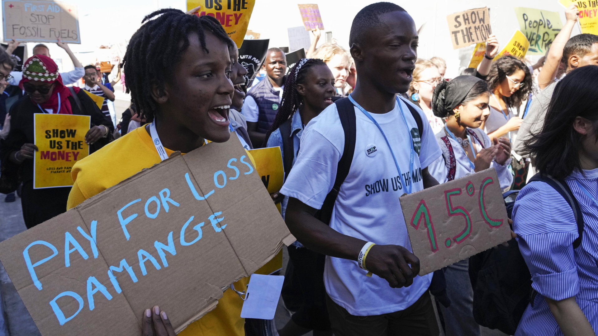 "Pay for loss and damage" fordern Aktivisten von Fridays For Future auf der Weltklimakonferenz in Sharm El-Sheikh | AP