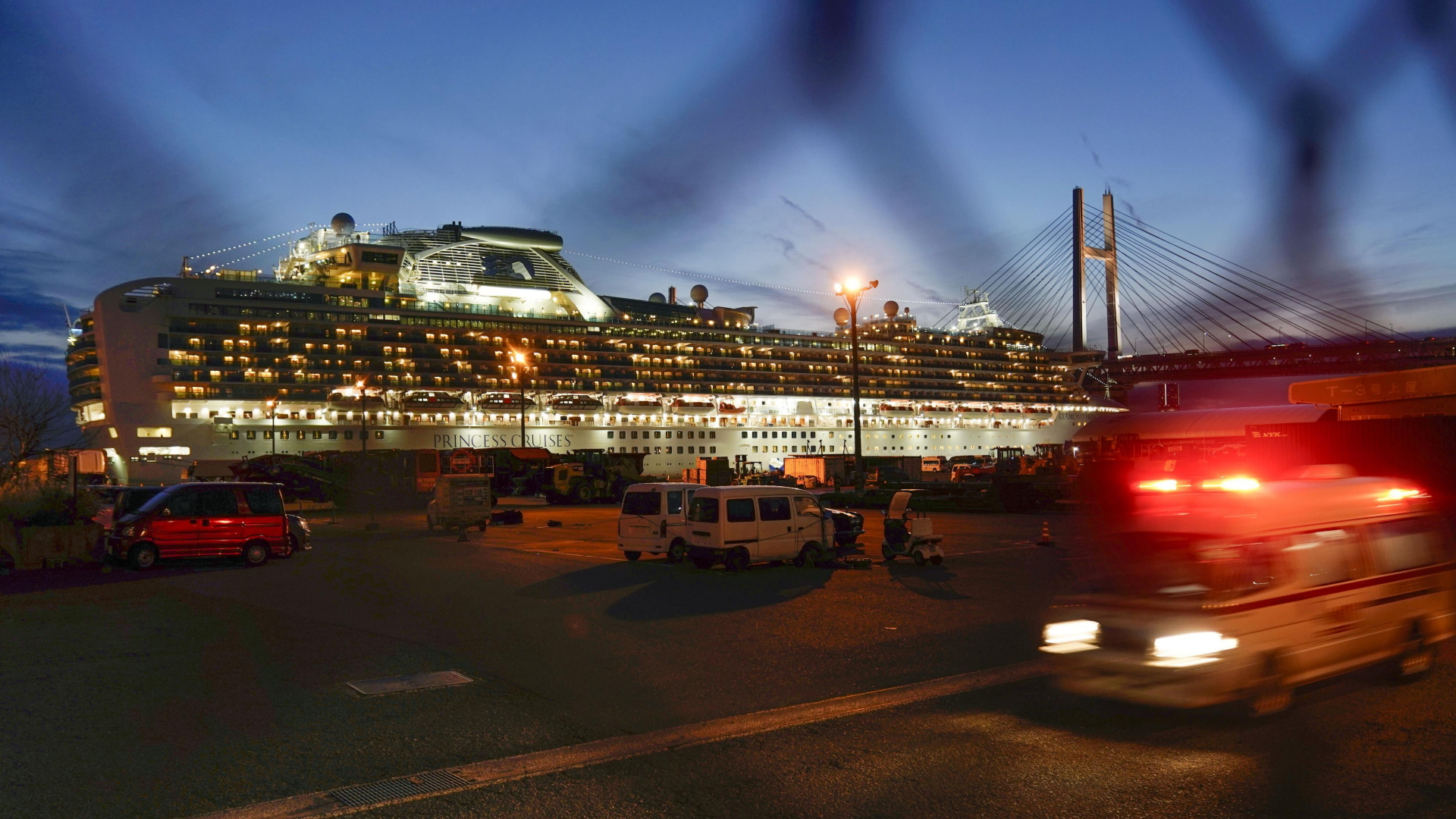 Das erleuchtete Kreuzfahrtschiff "Diamond Princess" liegt im Hafen von Yokohama.  | dpa