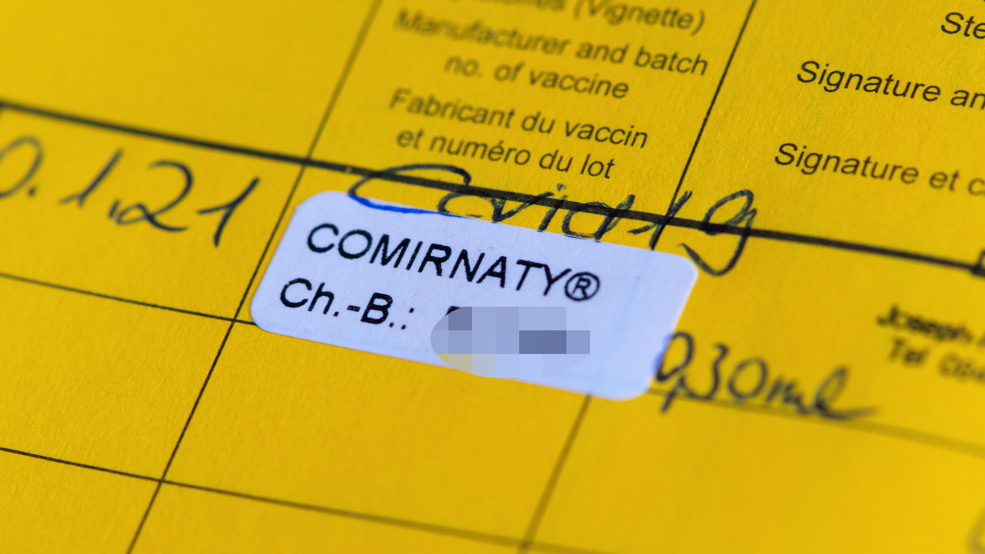Ein Aufkleber in einem Impfpass bescheinigt die Impfung gegen das Coronavirus mit dem Serum von BioNTech/Pfizer. | dpa