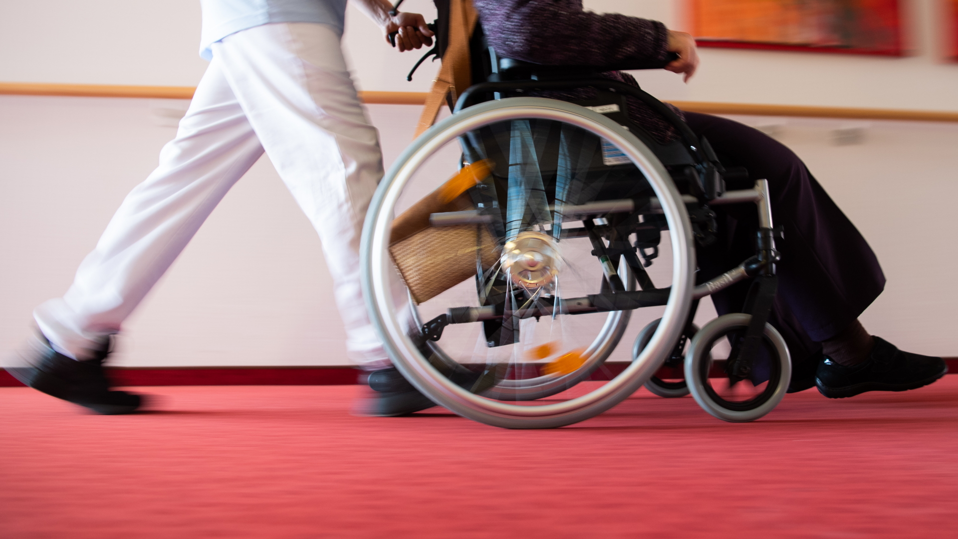 Ein Pfleger eines Pflegeheims schiebt eine Bewohnerin mit einem Rollstuhl. | dpa