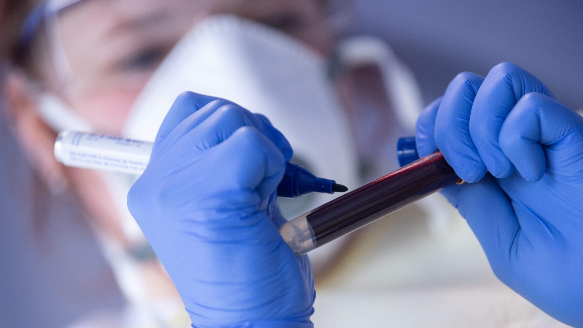 Eine Mitarbeiterin des Robert Koch-Instituts (RKI) kennzeichnet eine Blutprobe für einen Antikörpertest auf das Coronavirus. | AFP