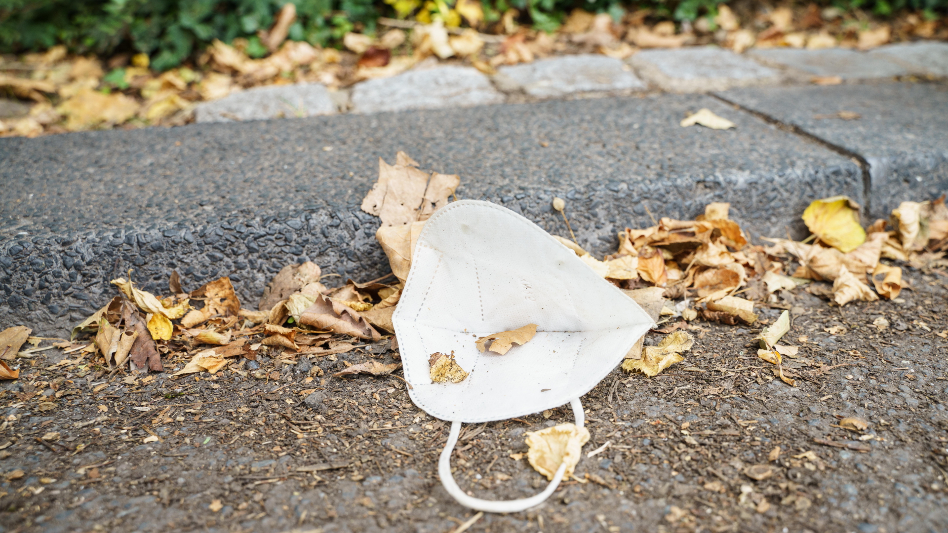 Eine FFP-2-Maske liegt am Straßenrand inmitten von vertrockneten Blättern. | dpa