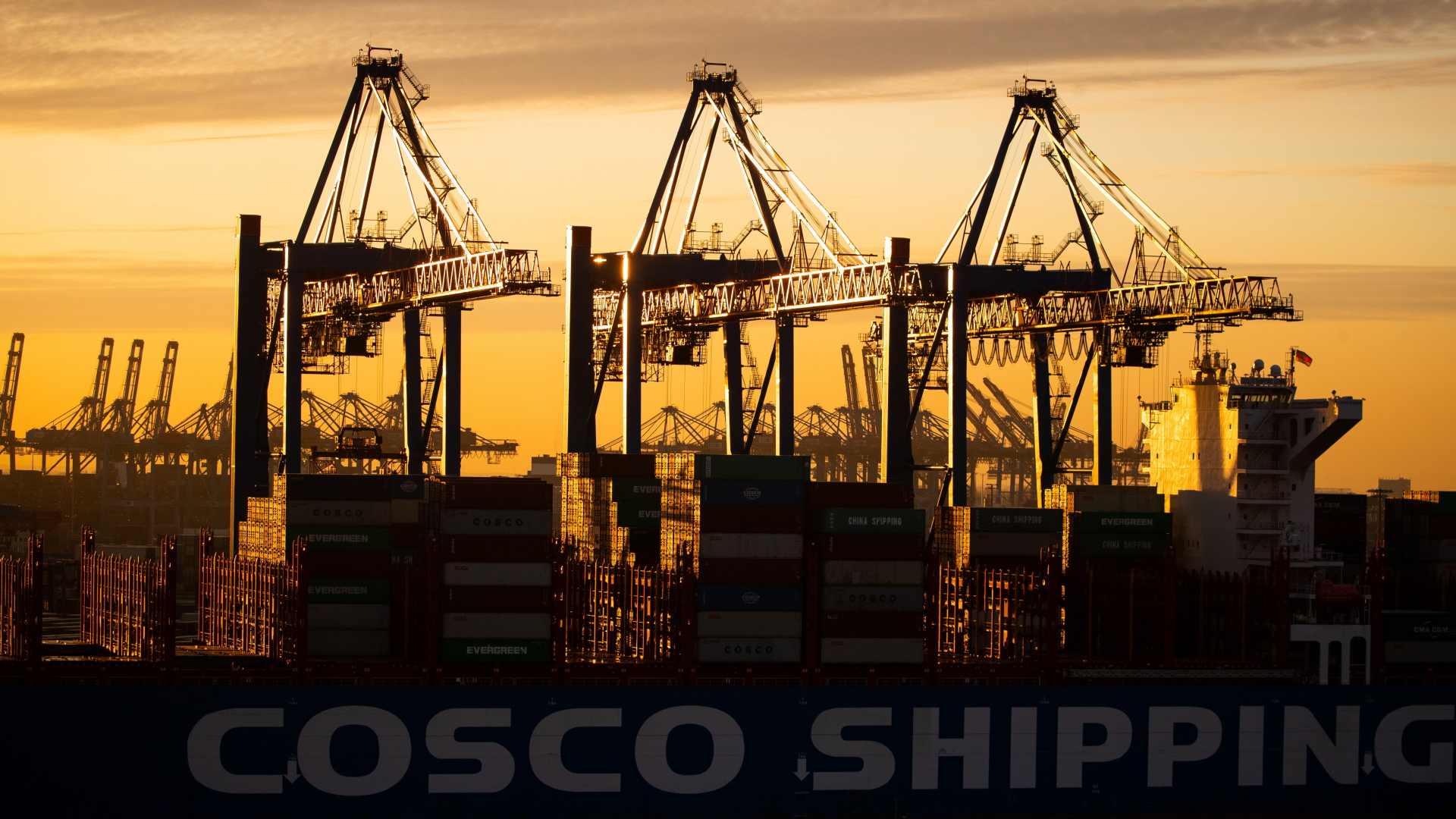 Ein Containerschiff der China Ocean Shipping Company (COSCO) wird am Containerterminal Tollerort der Hamburger Hafen und Logistik AG (HHLA) entladen.  | dpa