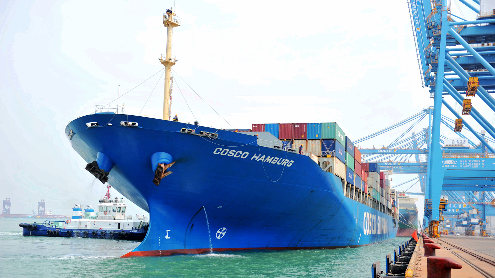 Der Containerfrachter "Cosco Hamburg" der chinesischen Reederei Cosco liegt im Containerhafen der chinesischen Stadt Qingdao. | dpa