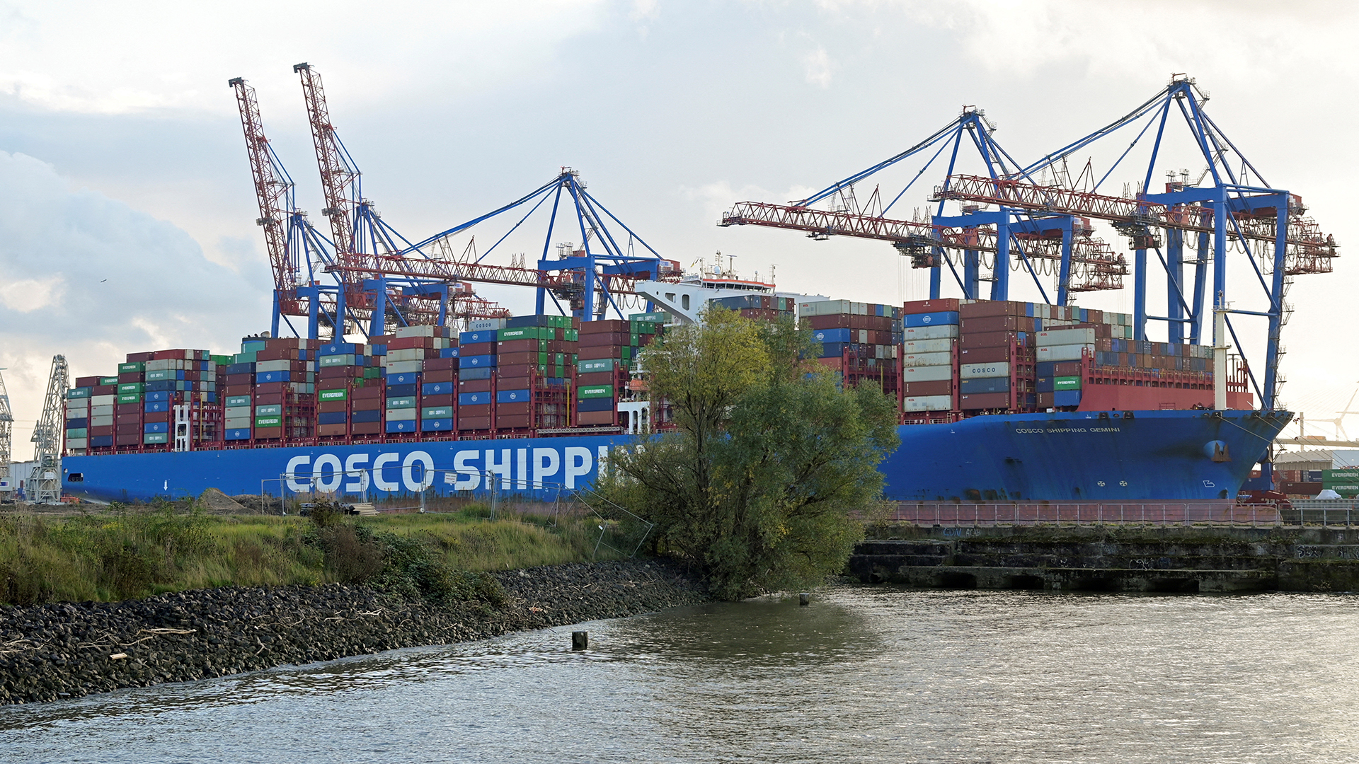 Ein Containerfrachter von Cosco liegt am Terminal Tollerort in Hambureg. | REUTERS