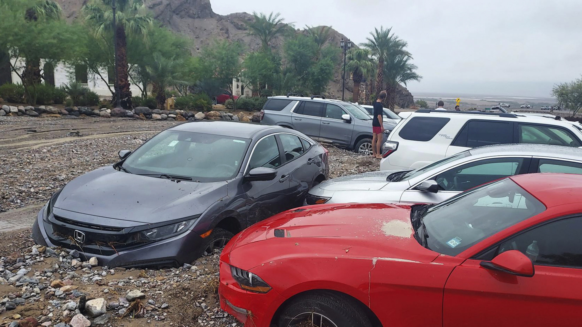 Auf diesem vom National Park Service zur Verfügung gestellten Foto stecken Autos nach einer Sturzflut im Death Valley im Death Valley National Park im Schlamm und Geröll fest. (aufgenommen am 5. August 2022) | AP