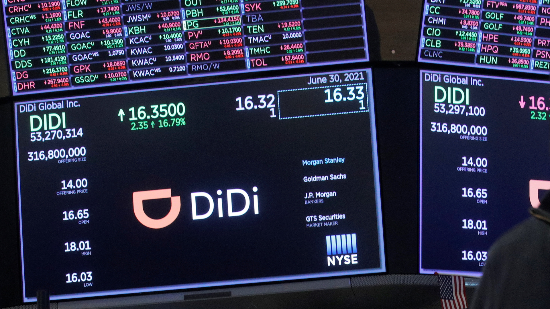 Ein Monitor mit der an an der New Yorker Börse dort gehandelten Didi-Aktie