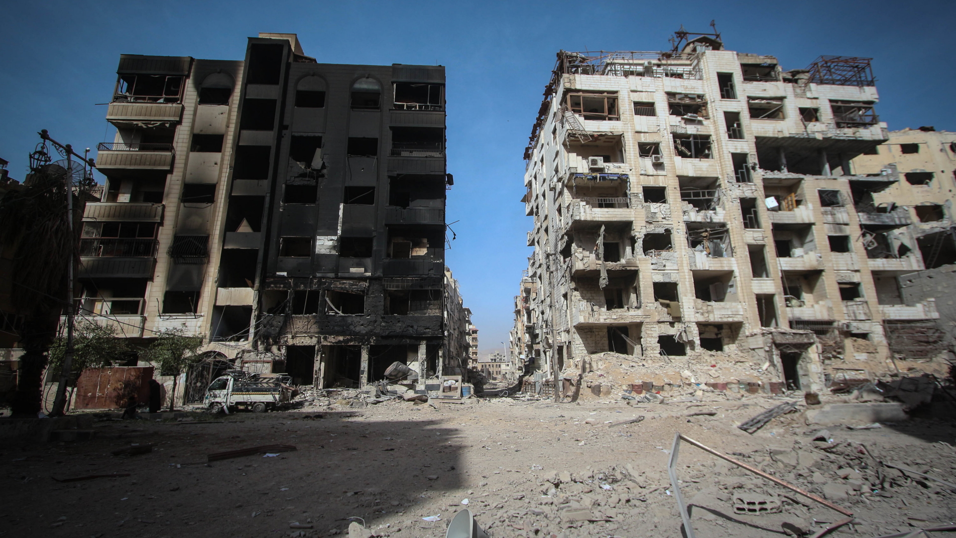 Zerstörte Häuser in der Stadt Duma, Ost-Ghouta