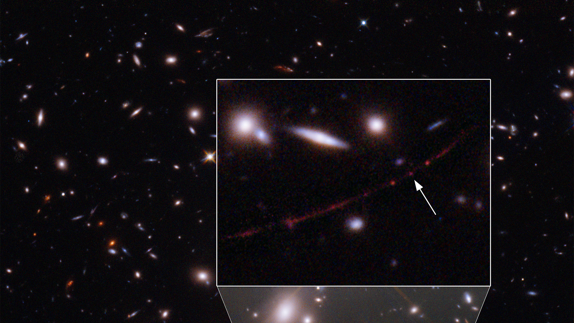 Der Stern mit dem Namen «Earendel» (Pfeil im Vergrösserungsausschnitt) liegt hinter einem Galaxienhaufen, der als Gravitationslinse dient. | dpa