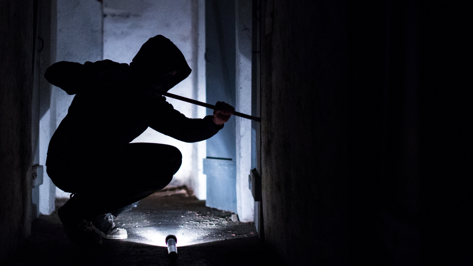 Ein fiktiver Einbrecher hebelt mit einem Brecheisen eine Tür im Keller eines Wohnhauses auf | dpa