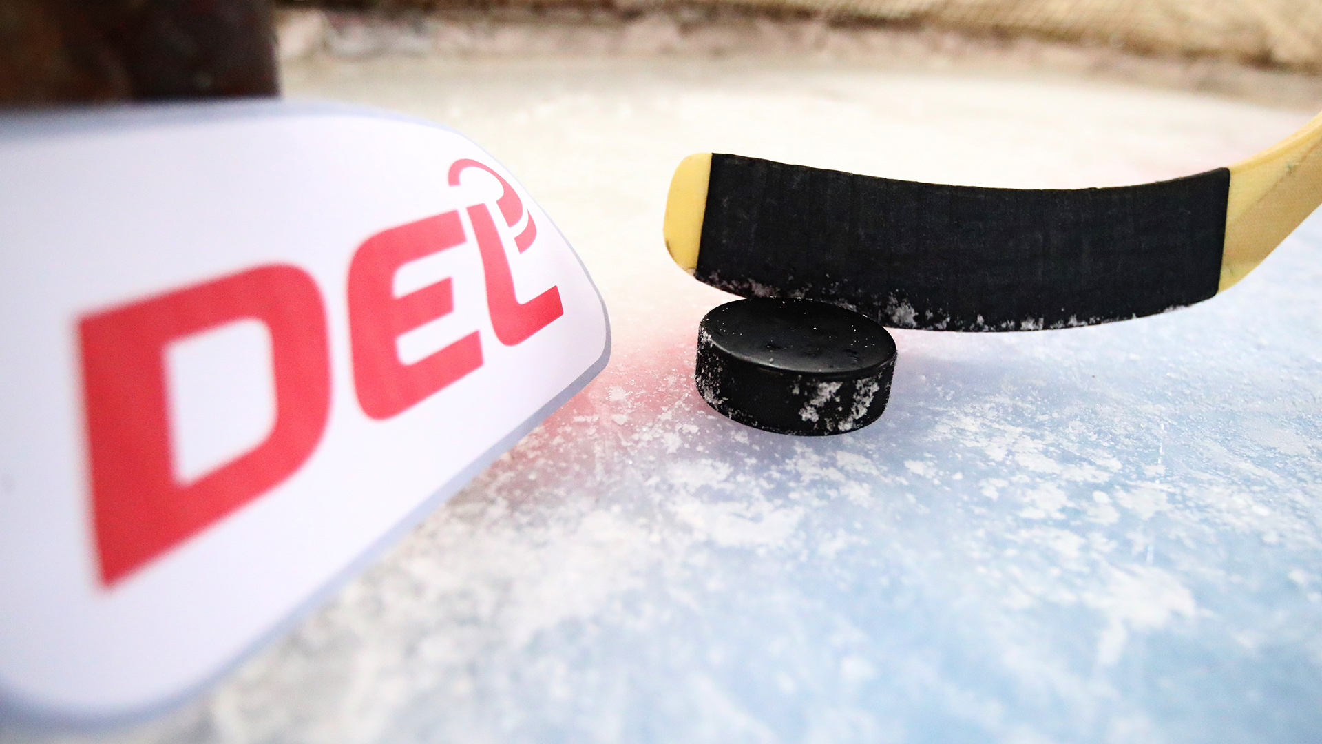 Das Logo der DEL an einem Torpfosten, daneben ein Eishockeyschläger und ein Puck. | picture alliance / Eibner-Presse