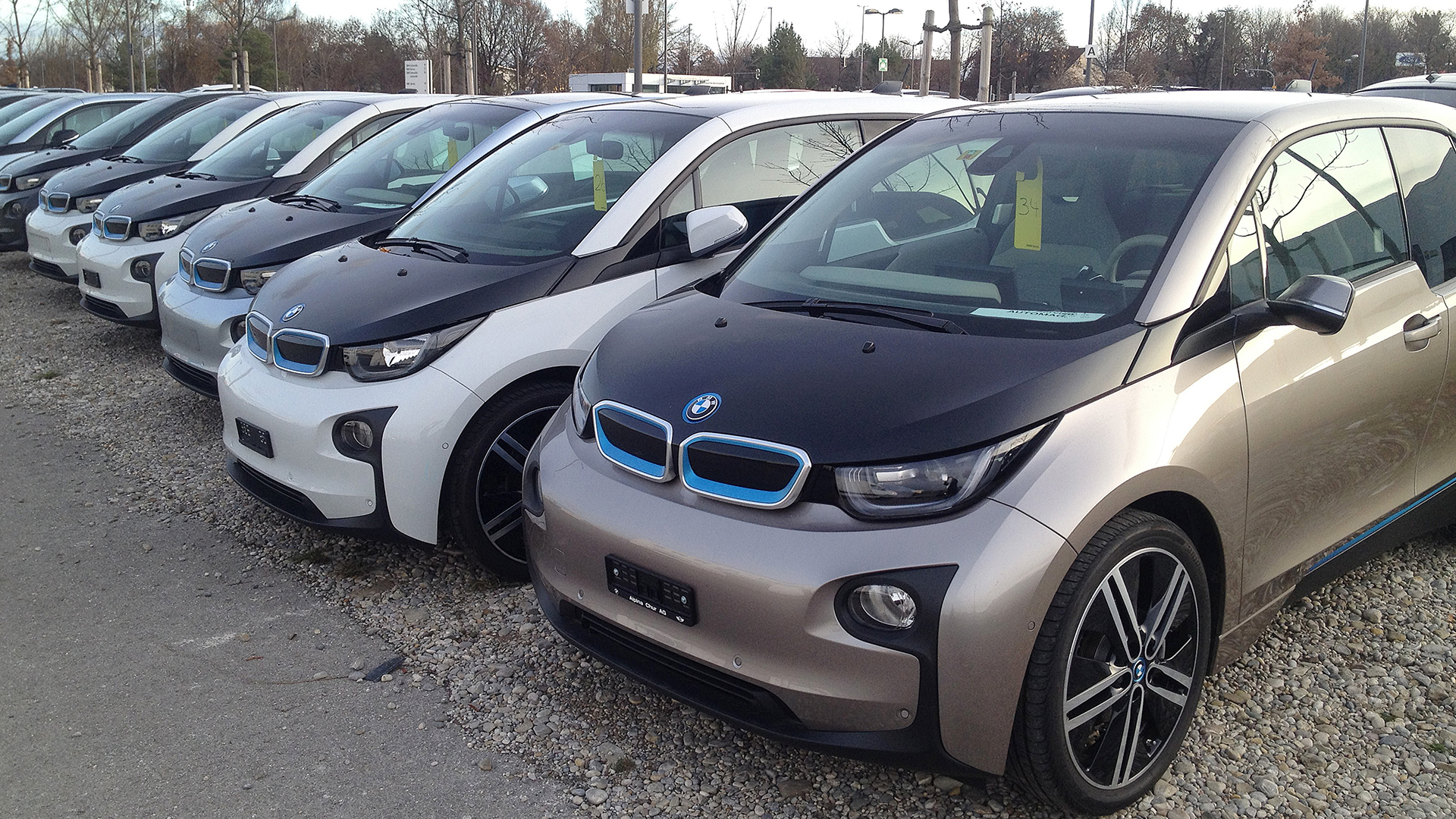 Mehrere BMW i3 Elektroautos stehen nebeneinander. | picture alliance / Sven Simon