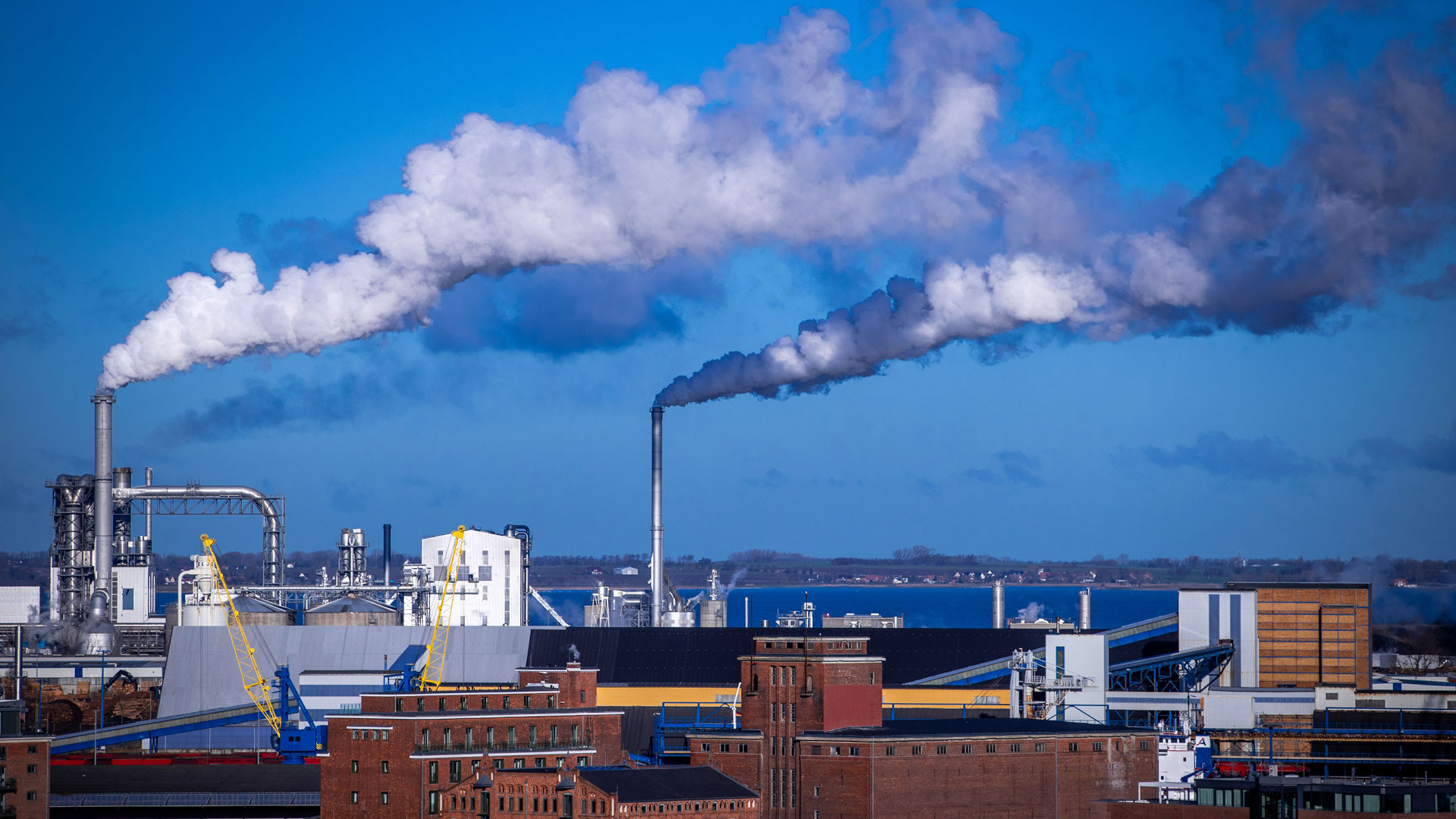 Rauch steigt aus Schornsteinen von holzverarbeitenden Industriebetrieben am Seehafen Wismar auf. 