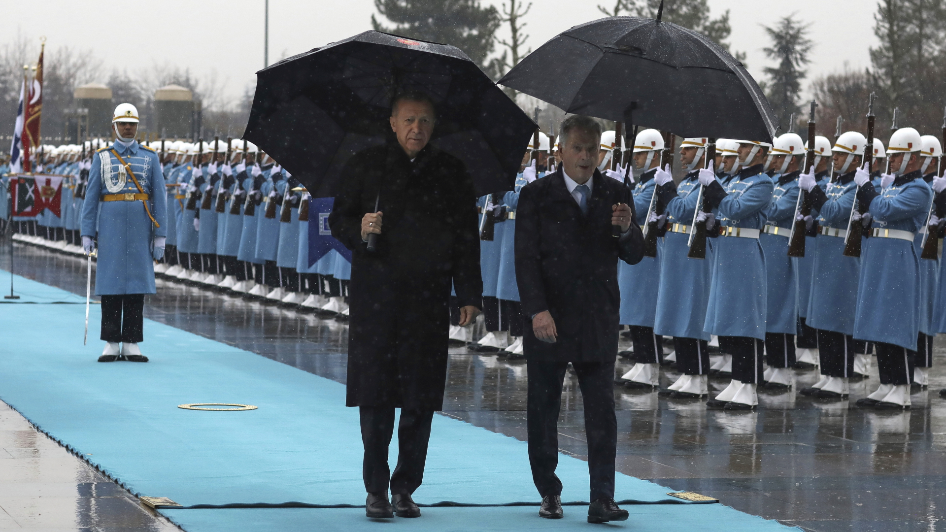 Recep Erdogan und Sauli Niinistö gehen in Ankara mit Regenschirmen auf einem blauen Teppich an einer Ehrengarde vorbei. | dpa