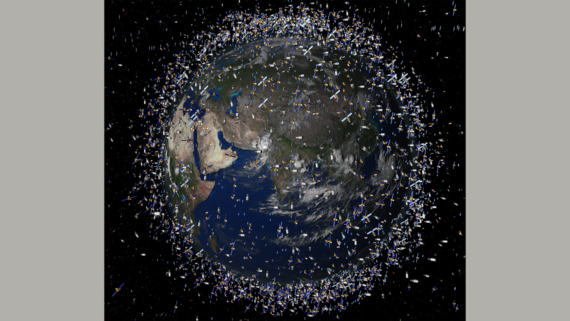 Das computergenerierte Bild der European Space Agency (ESA) zeigt Weltraummüll früherer Weltraummissionen, der neben intakten Satelliten um die Erde kreist | dpa/ESA
