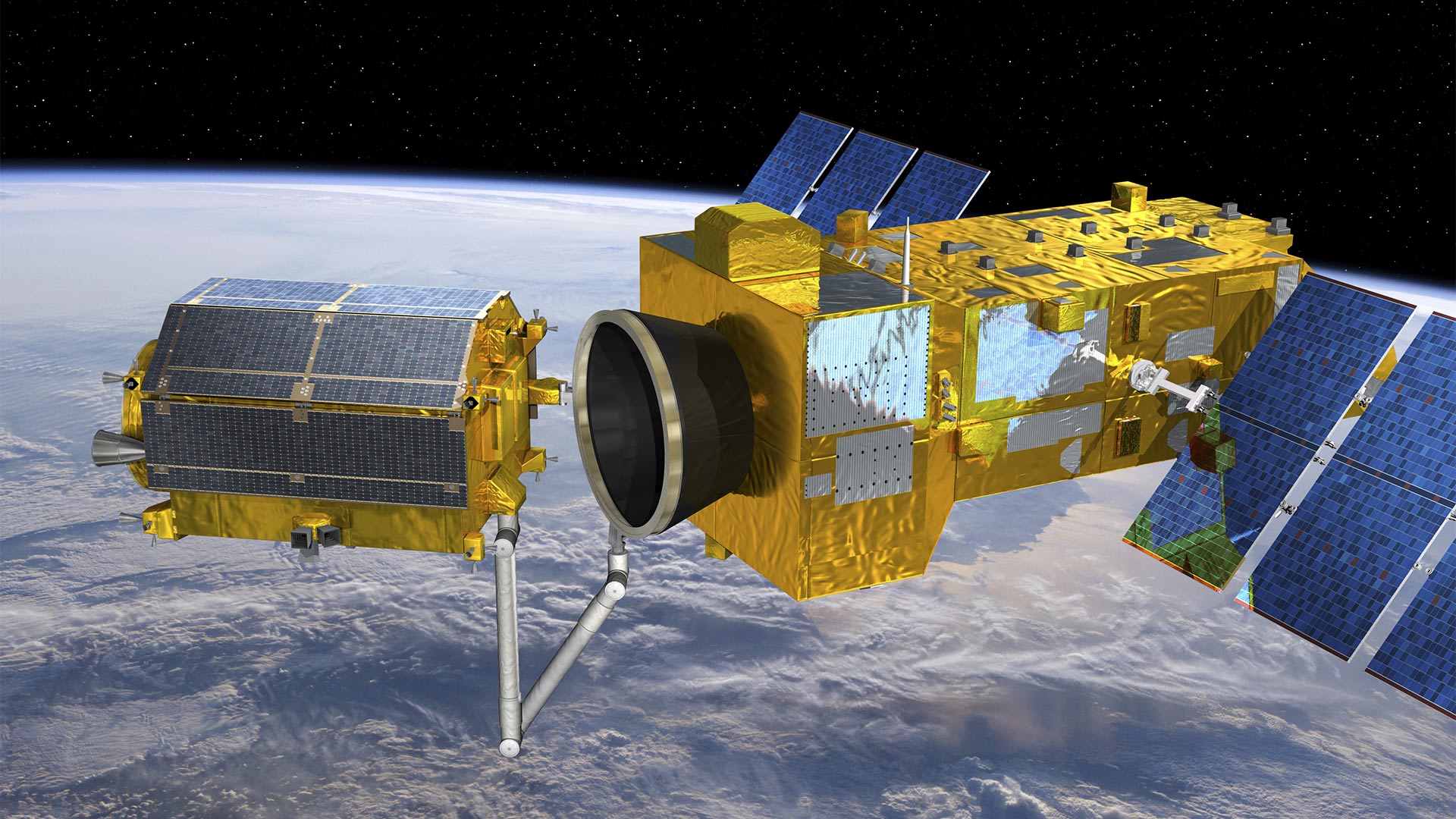 ESA-Studie zum Einsatz von Multifunktions-Satelliten zur Beseitigung von Weltraumschrott  (Computergrafik) | ESA
