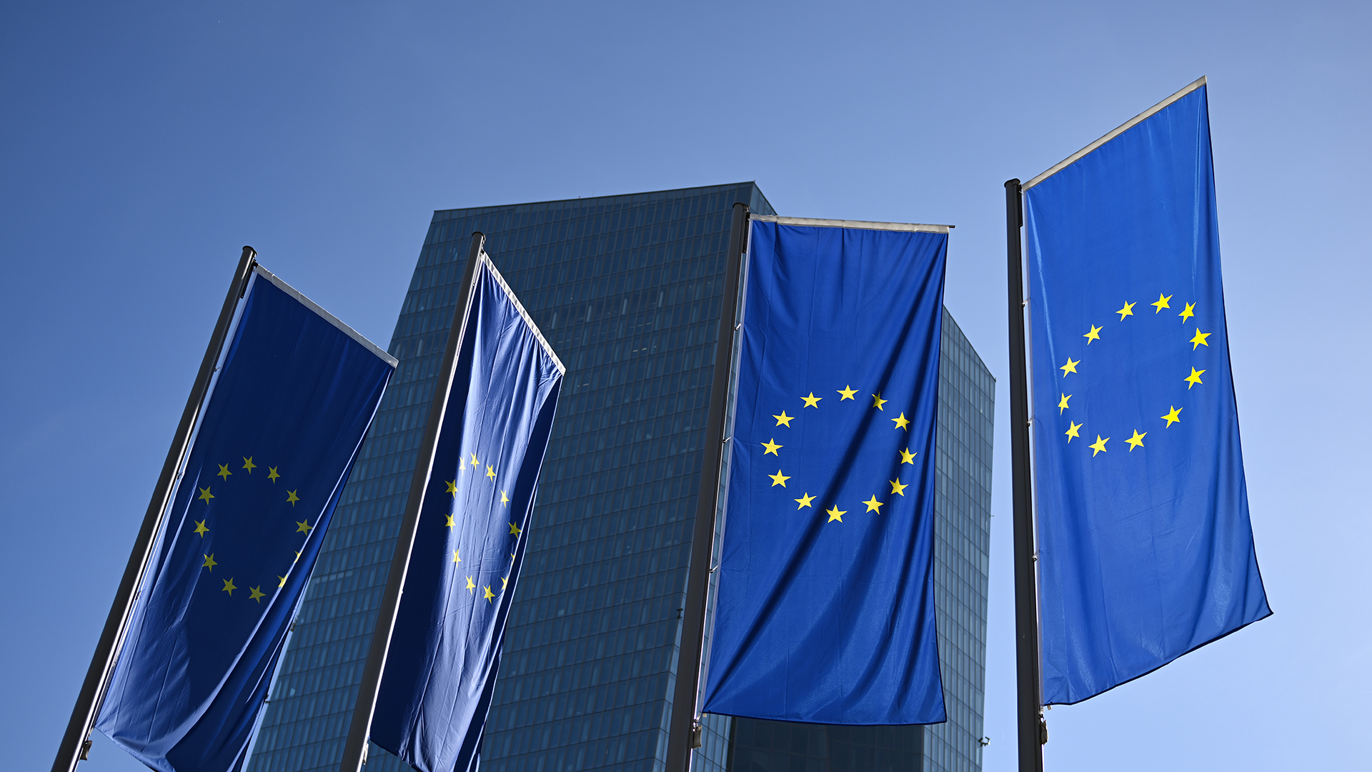 EU-Fahnen hängen vor der Zentrale der Europäischen Zentralbank (EZB) in Frankfurt/Main. | dpa