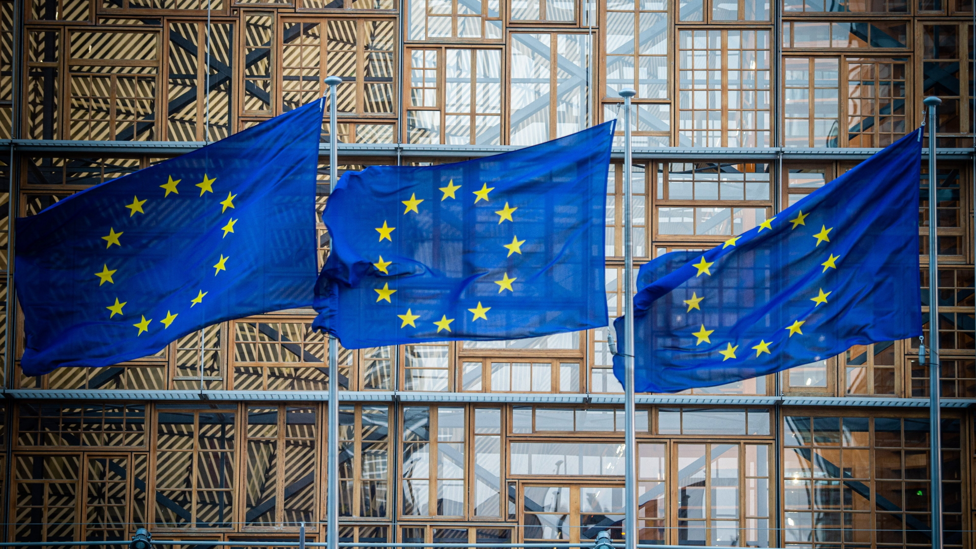 Europaflaggen wehen vor dem Europagebäude in Brüssel.