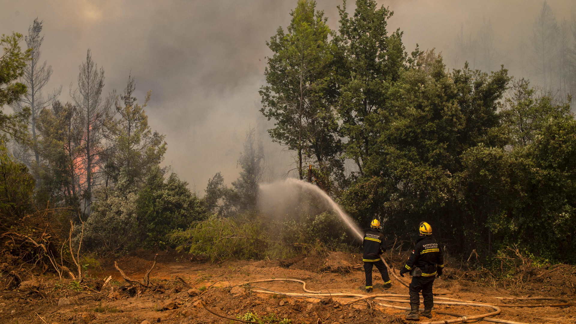 Serbische Feuerwehrleute helfen einen Brand in der Nähe von Avgaria auf der griechischen Insel Euböa zu löschen 