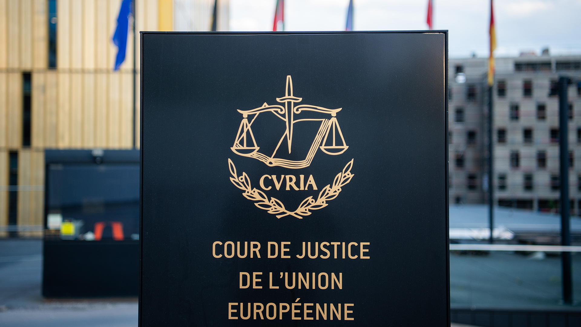 Ein Schild mit der Aufschrift "Cour de Justice de l'Union Européenne" steht vor dem Europäischen Gerichtshof (Archivbild: 15.06.2019) | dpa