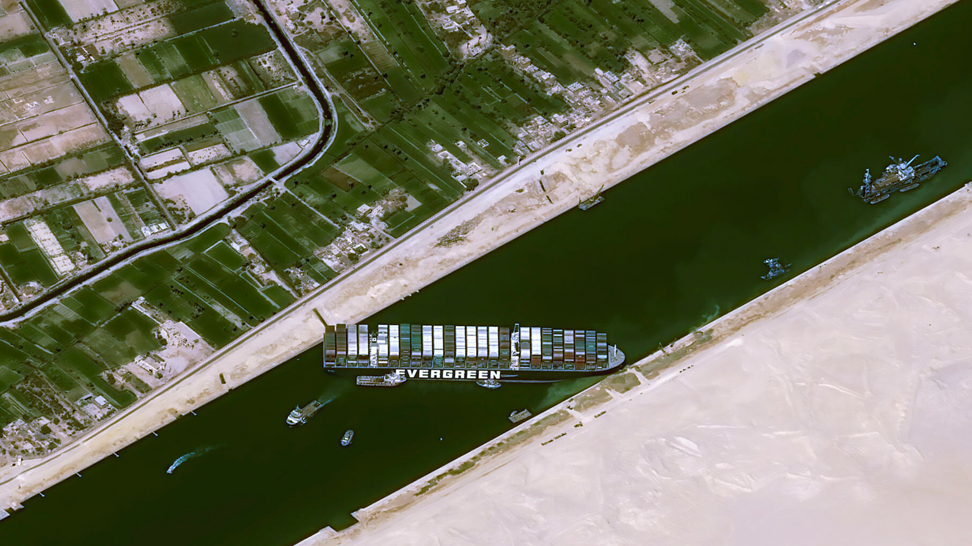 Satellitenaufnahme der im Suezkanal gestrandeten "Ever Given"